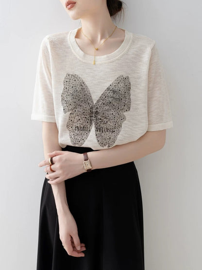 Straight shoulder short-sleeved women's T-shirt 2025 new summer beige loose round neck butterfly print sweater thin top