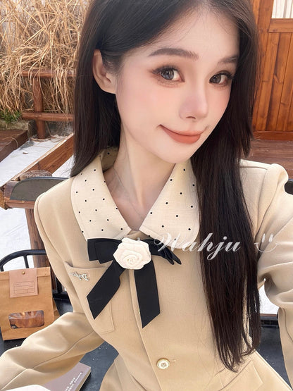 WAHJU Bella Girl - Polka Dot Patchwork Neckline Design, Slimming Waist-Defining Jacket/Skirt for Autumn