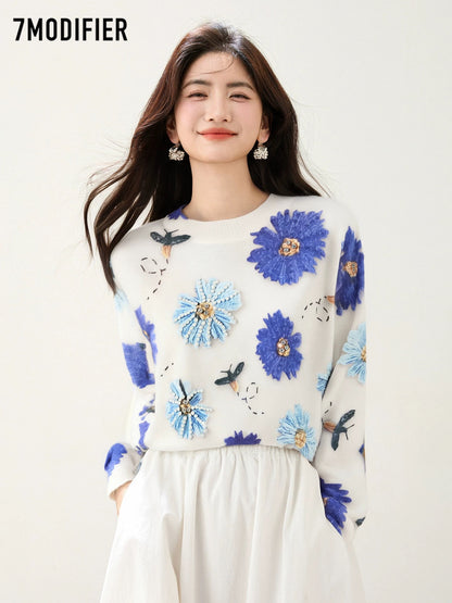 La Chapelle 7M 2025 autumn fashion flower pattern three-dimensional beaded pullover long-sleeved knitted sweater top for women
