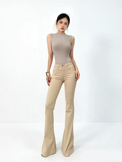 Yangyang Women's Classic Khaki Slim-Fit Bootcut Jeans – Lightweight Summer Style with Flap Back Pockets and Butt-Lifting Design