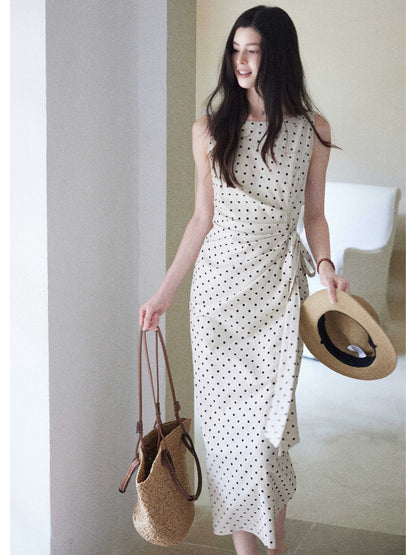 Eryang Design [Songjian Yue] High-end temperament polka dot dress for women with side waist linen cotton French long skirt