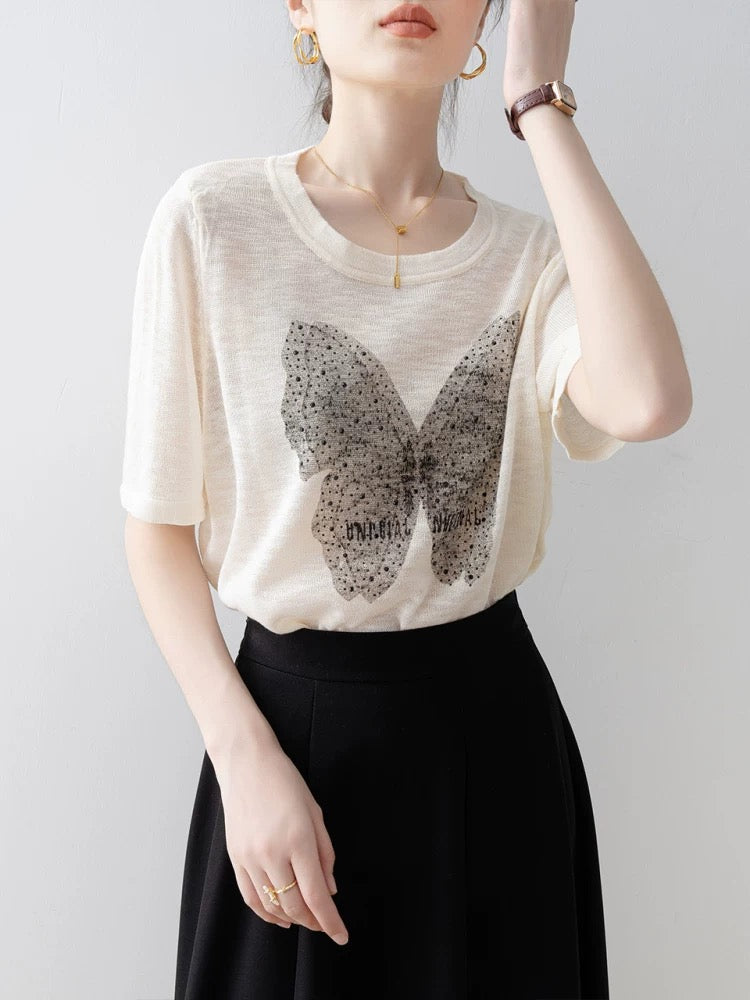 Straight shoulder short-sleeved women's T-shirt 2025 new summer beige loose round neck butterfly print sweater thin top