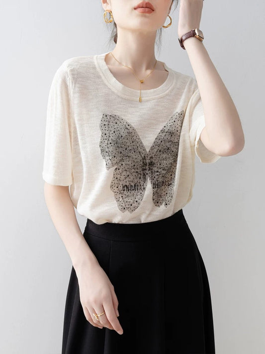 Straight shoulder short-sleeved women's T-shirt 2025 new summer beige loose round neck butterfly print sweater thin top