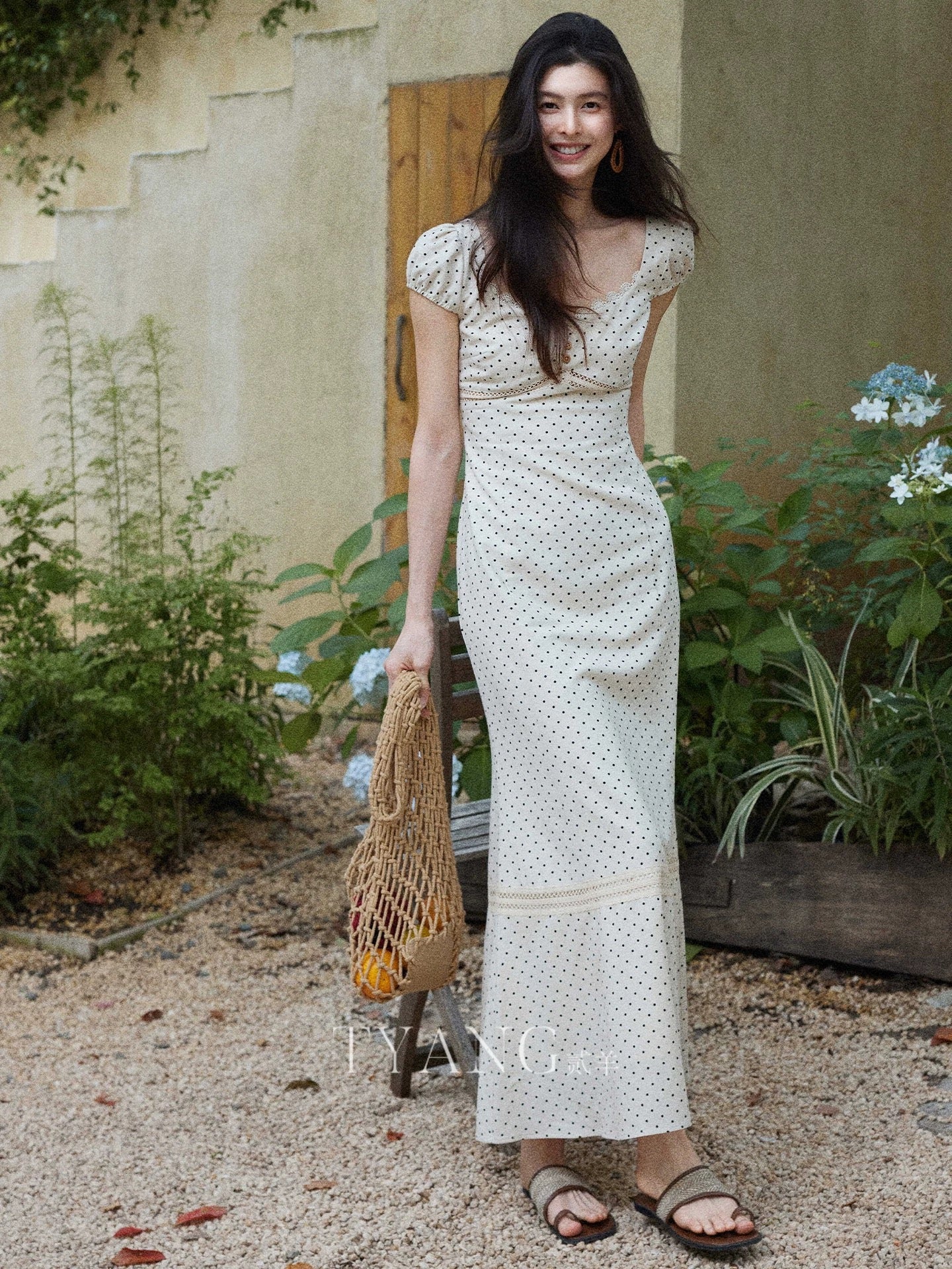 Eryang Design [Xingxu] French retro square neck polka dot dress for women summer waist lace stitching long dress