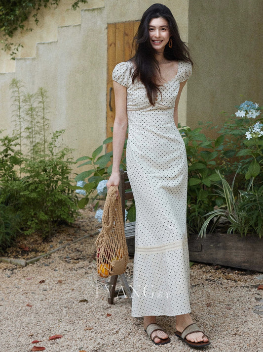 Eryang Design [Xingxu] French retro square neck polka dot dress for women summer waist lace stitching long dress