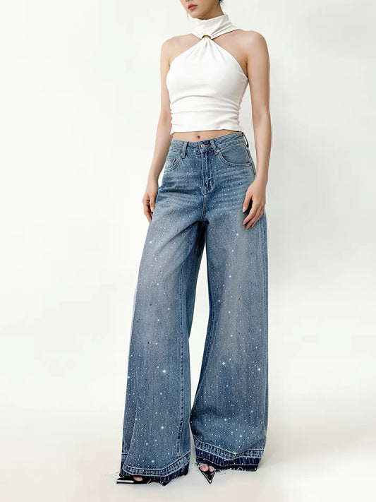 Yangyang Women's Wide-Leg Jeans: Raw-Edge Hem, 3D Rhinestone Detail, High-Waisted, Vintage Distressed Wash, Straight-Leg Floor-Length Cut (Suitable for Tall Women)
