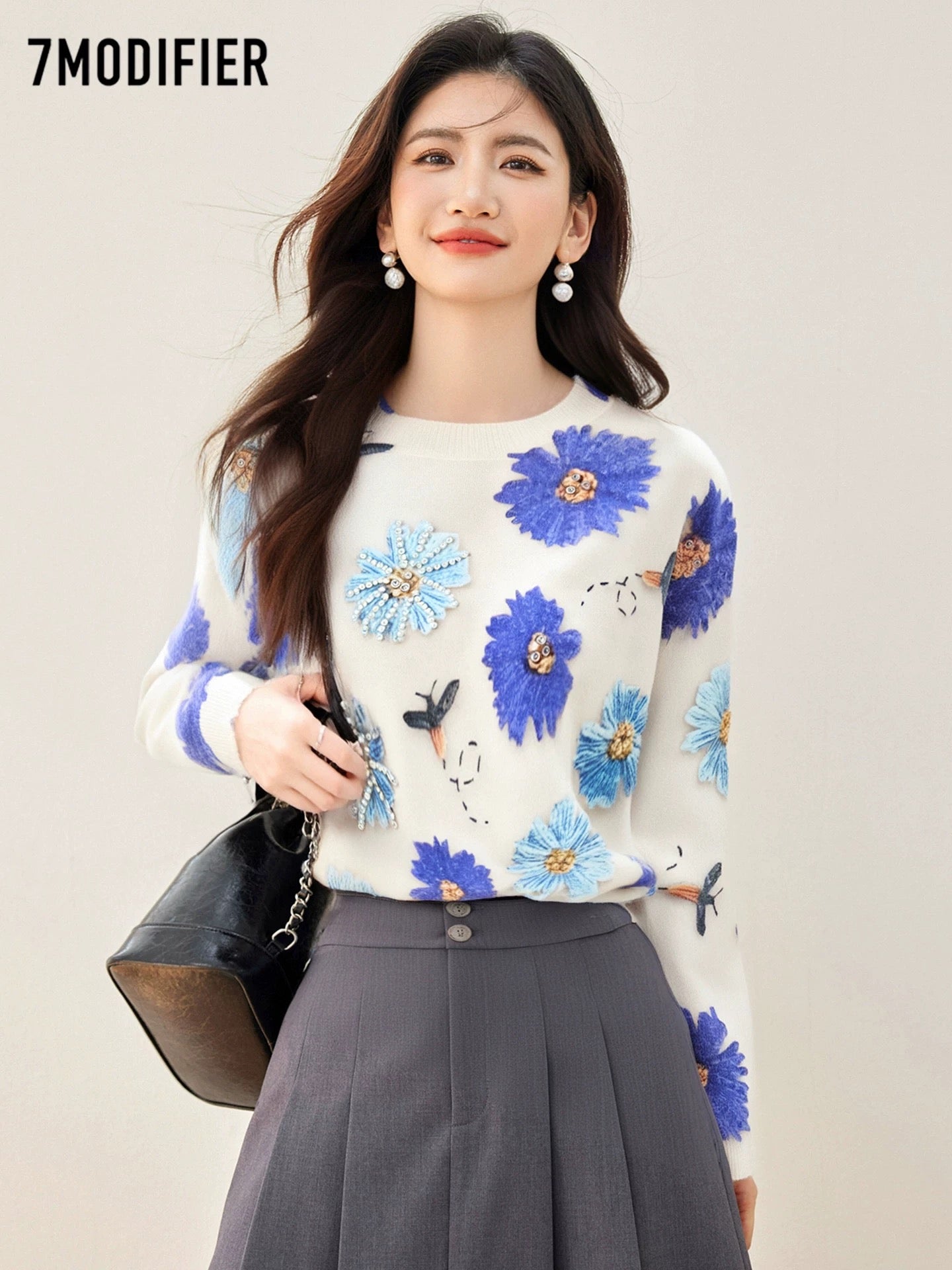 La Chapelle 7M 2025 autumn fashion flower pattern three-dimensional beaded pullover long-sleeved knitted sweater top for women