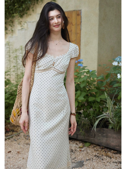 Eryang Design [Xingxu] French retro square neck polka dot dress for women summer waist lace stitching long dress