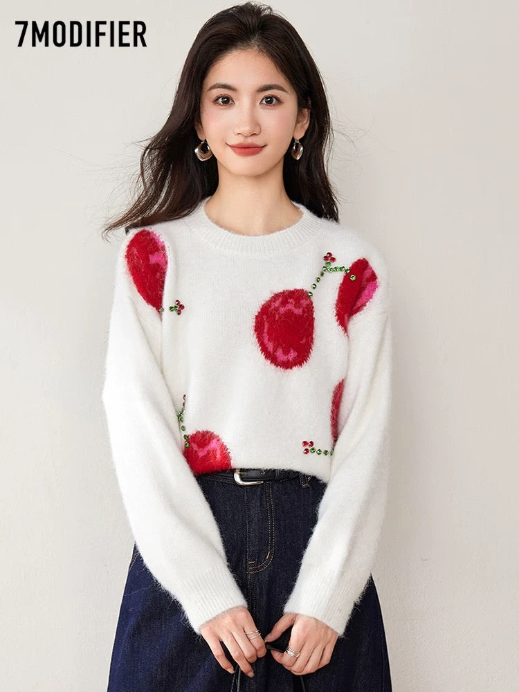 La Chapelle 7M2025 autumn and winter new beaded design sweater loose round neck pullover soft glutinous top