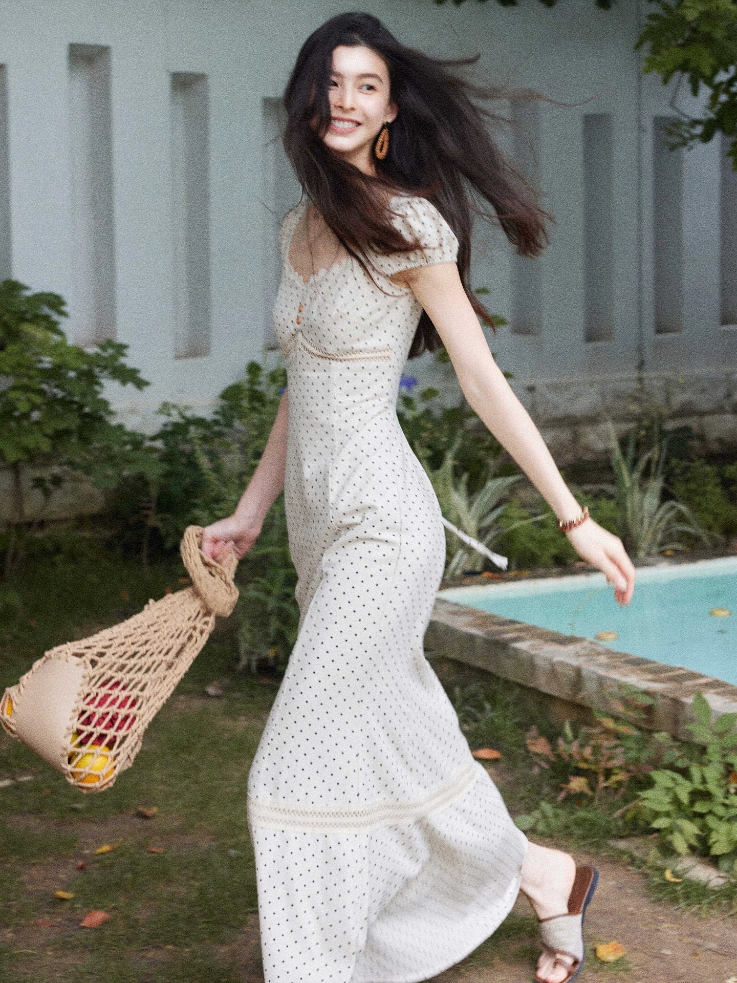 Eryang Design [Xingxu] French retro square neck polka dot dress for women summer waist lace stitching long dress