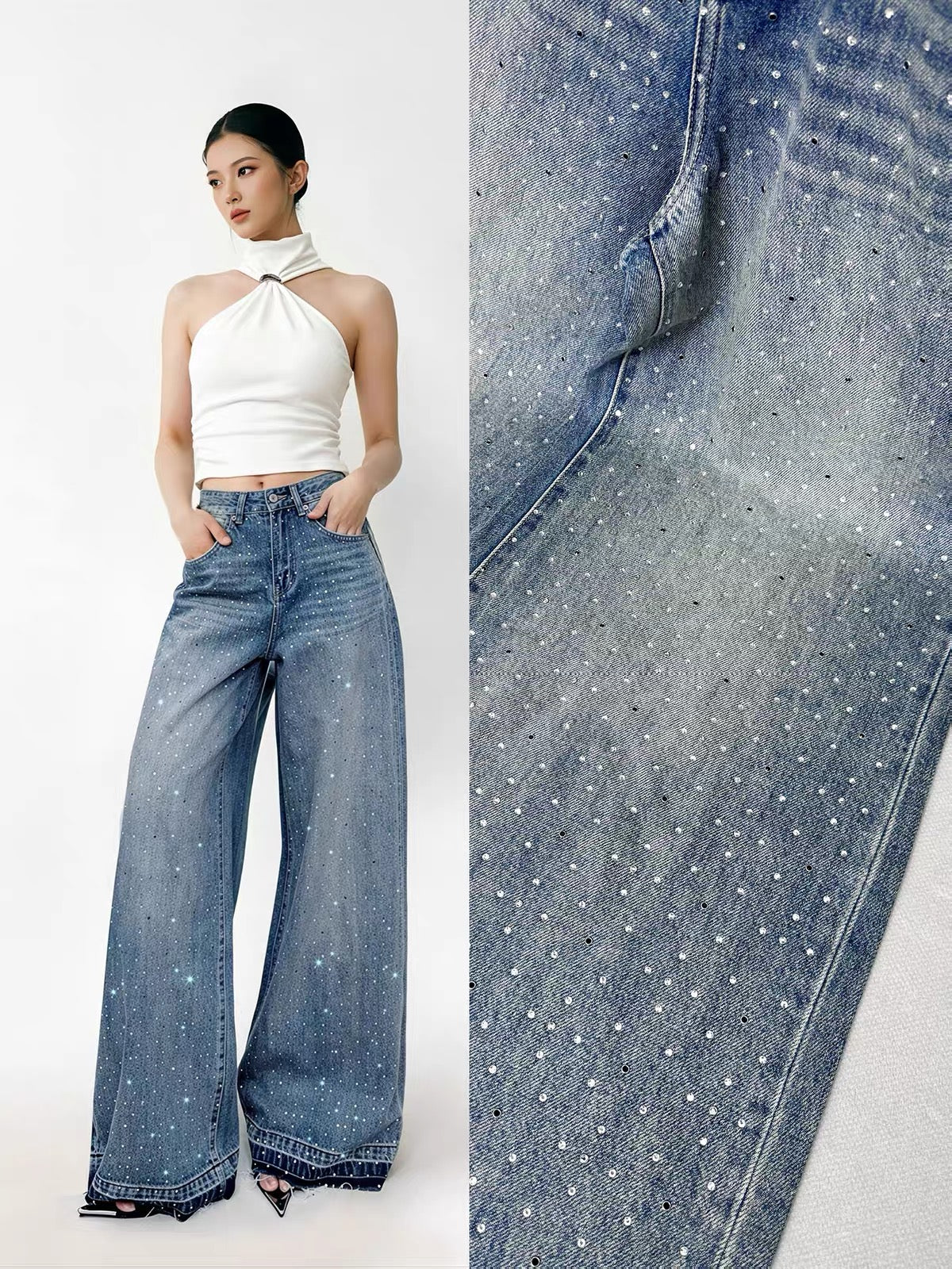 Yangyang Women's Wide-Leg Jeans: Raw-Edge Hem, 3D Rhinestone Detail, High-Waisted, Vintage Distressed Wash, Straight-Leg Floor-Length Cut (Suitable for Tall Women)