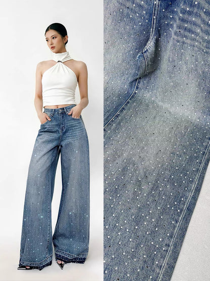 Yangyang Women's Wide-Leg Jeans: Raw-Edge Hem, 3D Rhinestone Detail, High-Waisted, Vintage Distressed Wash, Straight-Leg Floor-Length Cut (Suitable for Tall Women)