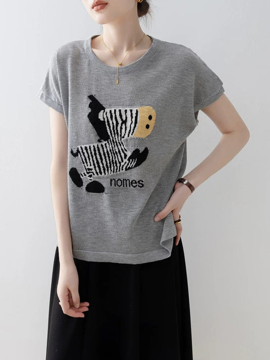 Dark grey loose round neck top for women 2025 new style hot summer street style unique and beautiful straight shoulder short sleeve t-shirt