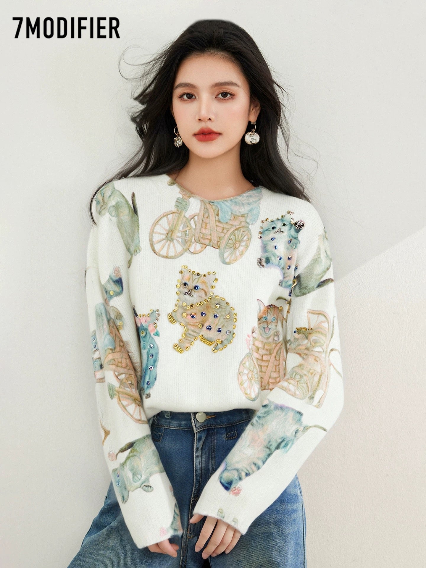 La Chapelle 7M 2025 Autumn Creative Three-Dimensional Beaded Pattern Pullover Slimming Long Sleeve Knitted Sweater Top Women