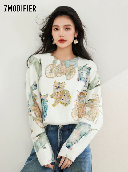 La Chapelle 7M 2025 Autumn Creative Three-Dimensional Beaded Pattern Pullover Slimming Long Sleeve Knitted Sweater Top Women