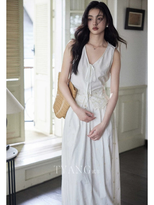 Eryang Design [Huaqi] Holiday Style Cotton White Suit Women's Heavy Embroidery Sleeveless Top Long Skirt