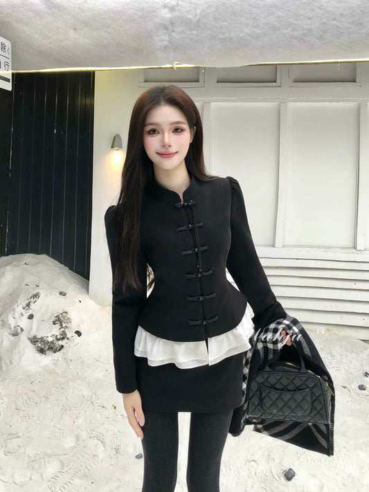 WAHJU Heli Academy of Fine Arts Winter New Chinese Style Fold Button Design Slimming Wool Coat and Skirt for Women