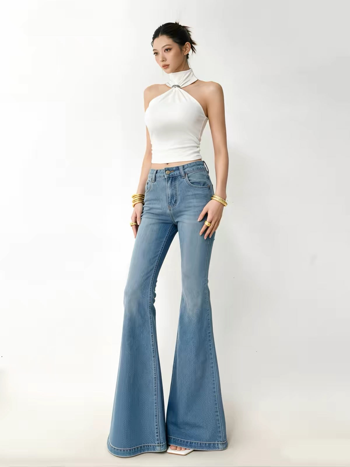 Yangyang Women's Light Blue 4-Way Stretch Flared Jeans – New Spring/Summer Style: Form-Fitting, Leg-Lengthening, and Stretchy