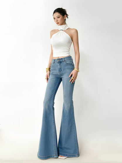 Yangyang Women's Light Blue 4-Way Stretch Flared Jeans – New Spring/Summer Style: Form-Fitting, Leg-Lengthening, and Stretchy