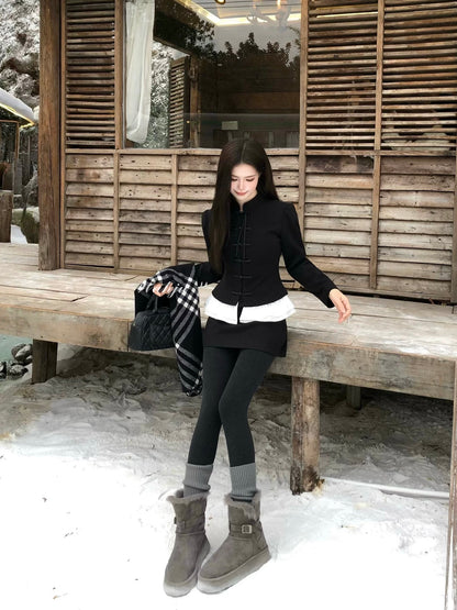 WAHJU Heli Academy of Fine Arts Winter New Chinese Style Fold Button Design Slimming Wool Coat and Skirt for Women
