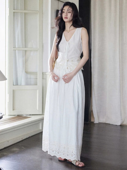 Eryang Design [Huaqi] Holiday Style Cotton White Suit Women's Heavy Embroidery Sleeveless Top Long Skirt