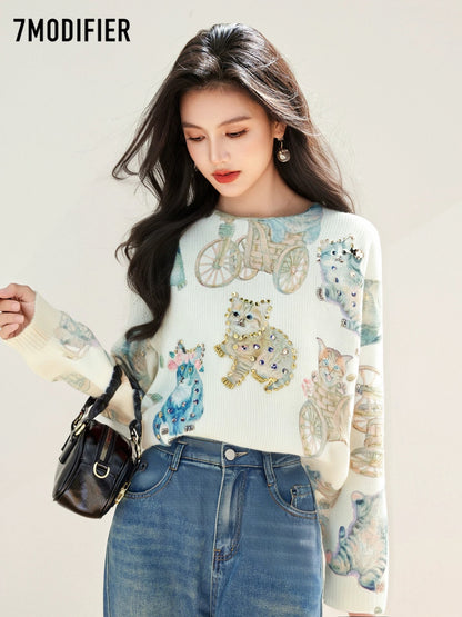 La Chapelle 7M 2025 Autumn Creative Three-Dimensional Beaded Pattern Pullover Slimming Long Sleeve Knitted Sweater Top Women