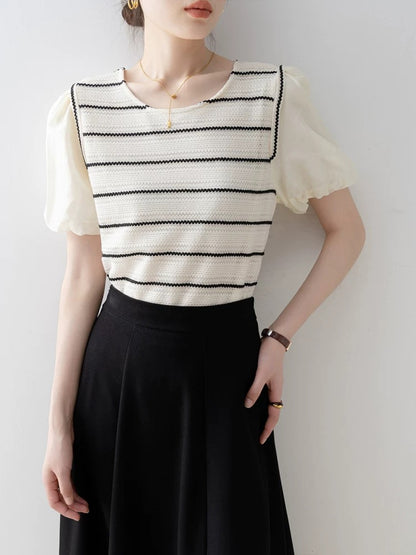 Summer women's clothing 2025 new striped loose round neck straight shoulder short sleeve T-shirt unique super beautiful puff sleeve top
