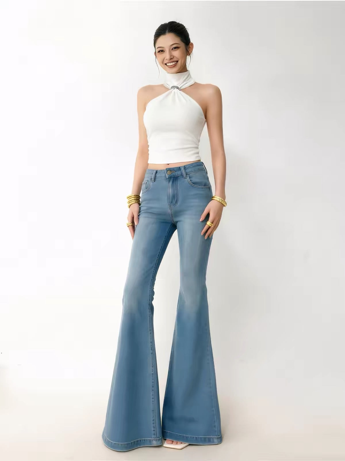 Yangyang Women's Light Blue 4-Way Stretch Flared Jeans – New Spring/Summer Style: Form-Fitting, Leg-Lengthening, and Stretchy