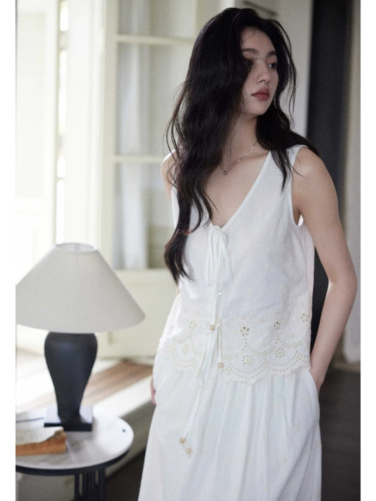 Eryang Design [Huaqi] Holiday Style Cotton White Suit Women's Heavy Embroidery Sleeveless Top Long Skirt