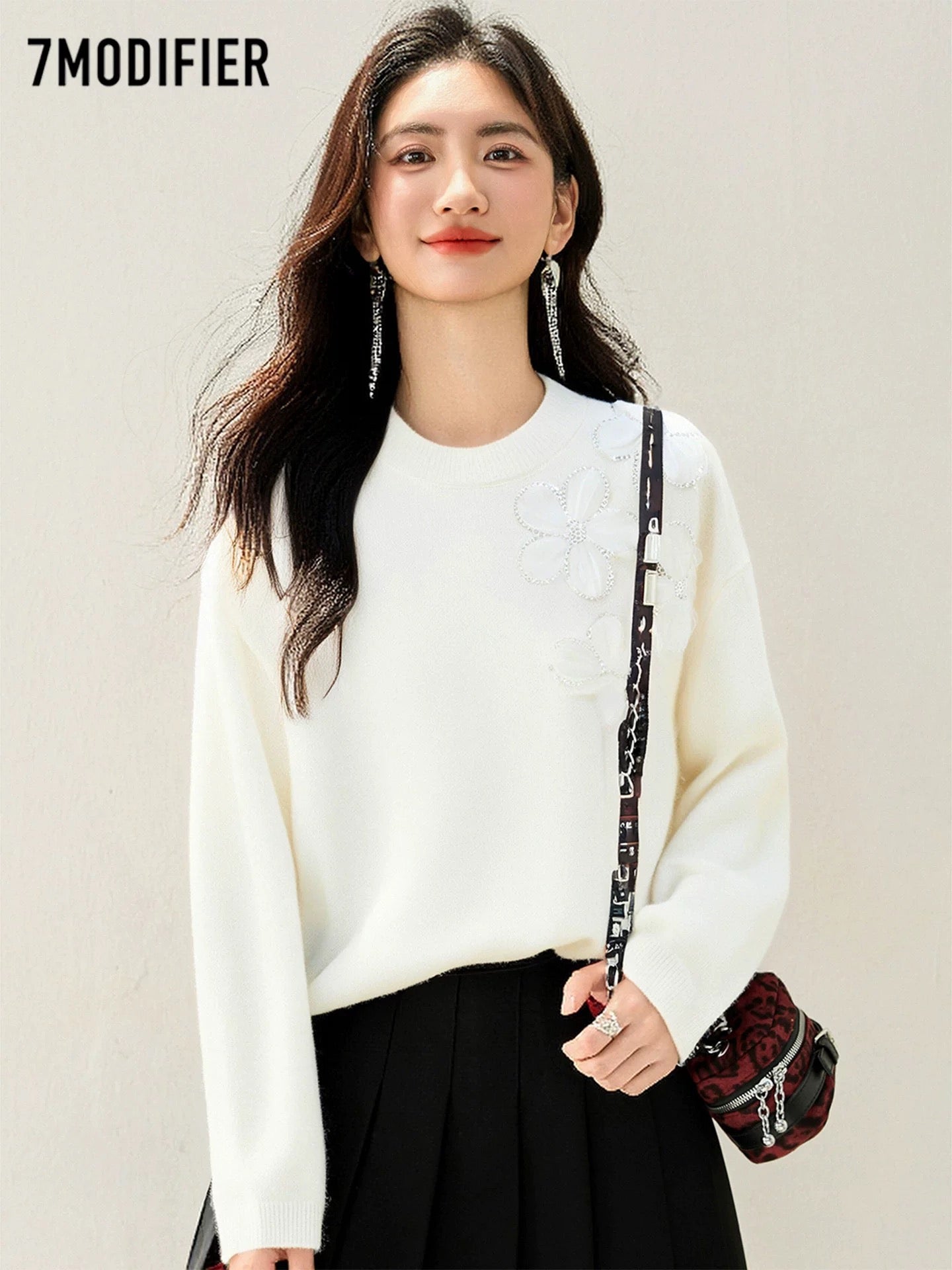 La Chapelle 7M2025 autumn fashion all-match embroidered flowers slim temperament long-sleeved knitted sweater tops for women