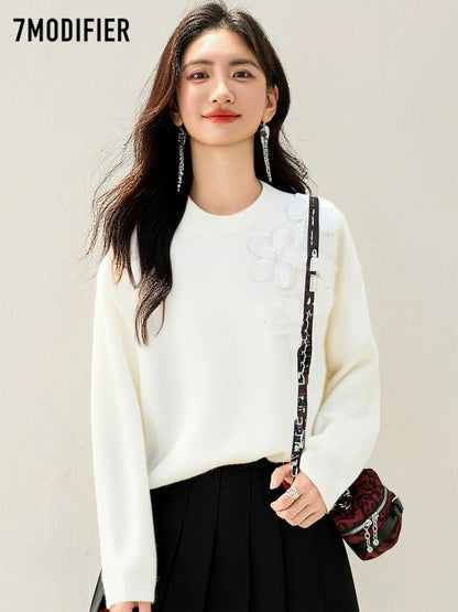 La Chapelle 7M2025 autumn fashion all-match embroidered flowers slim temperament long-sleeved knitted sweater tops for women