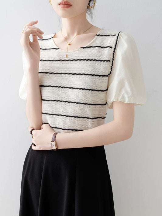 Summer women's clothing 2025 new striped loose round neck straight shoulder short sleeve T-shirt unique super beautiful puff sleeve top