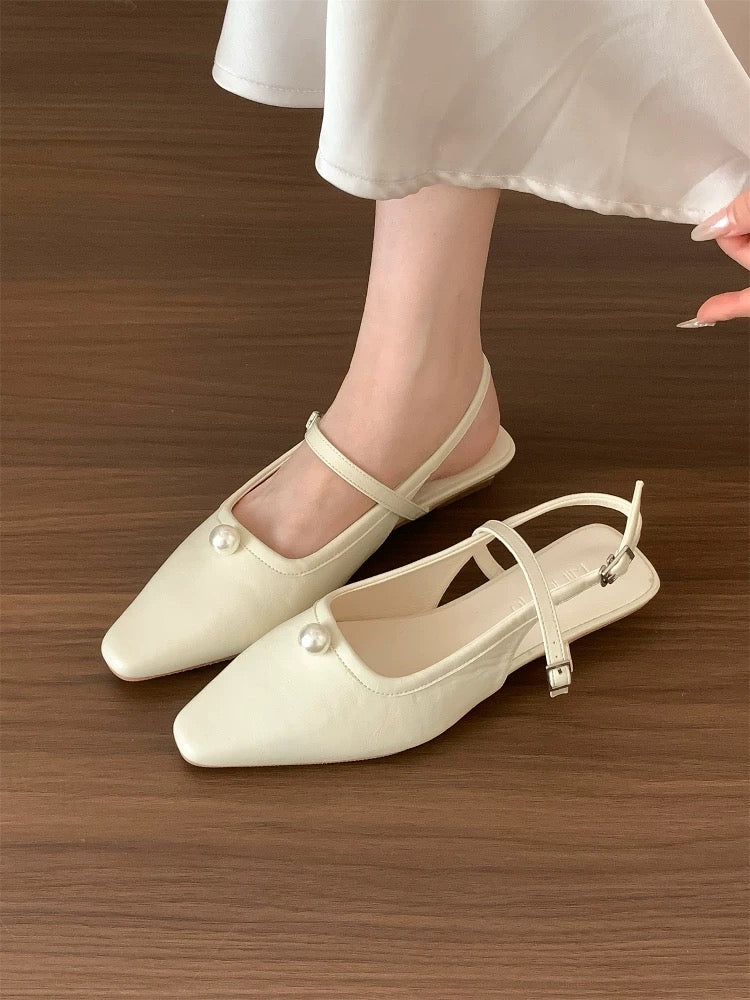 Huanli "Gentle White Moonlight" Fairy Pearl Strappy Mary Jane Shoes Women's Chunky Heel Open Back Single Shoes