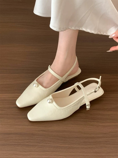 Huanli "Gentle White Moonlight" Fairy Pearl Strappy Mary Jane Shoes Women's Chunky Heel Open Back Single Shoes