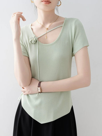 Knitted sweater summer women's clothing 2025 new style this year's popular hot style green slim design short-sleeved T-shirt top