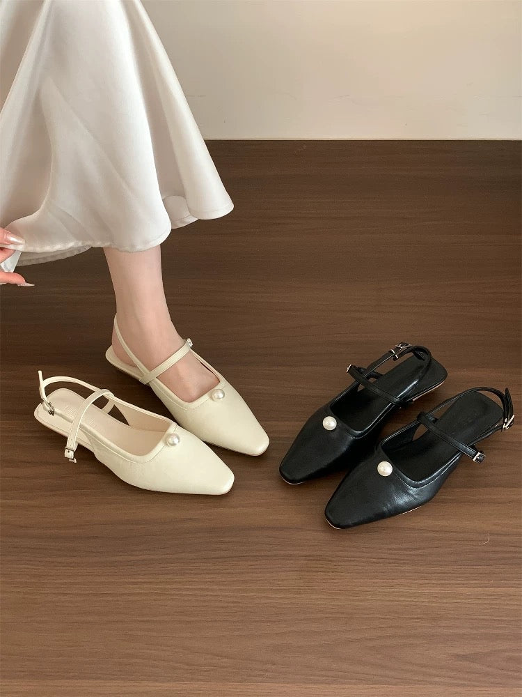 Huanli "Gentle White Moonlight" Fairy Pearl Strappy Mary Jane Shoes Women's Chunky Heel Open Back Single Shoes