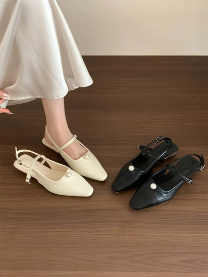 Huanli "Gentle White Moonlight" Fairy Pearl Strappy Mary Jane Shoes Women's Chunky Heel Open Back Single Shoes