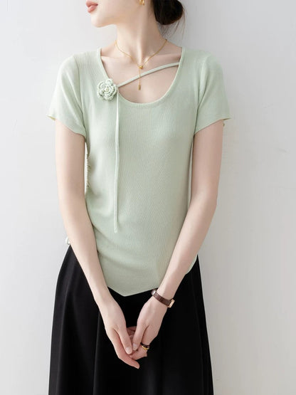 Knitted sweater summer women's clothing 2025 new style this year's popular hot style green slim design short-sleeved T-shirt top