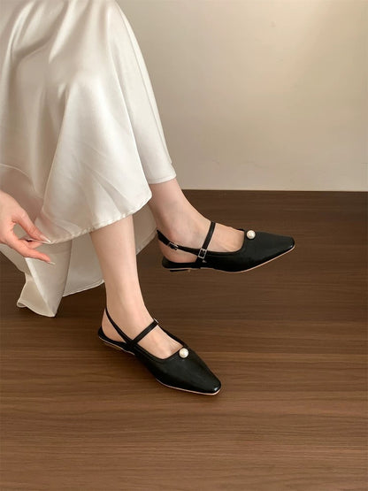 Huanli "Gentle White Moonlight" Fairy Pearl Strappy Mary Jane Shoes Women's Chunky Heel Open Back Single Shoes
