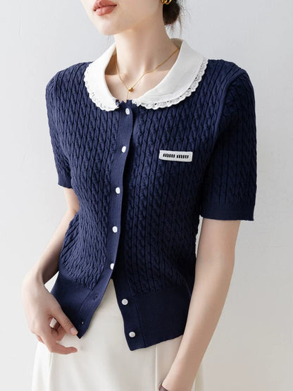 Navy blue retro doll collar sweater for women 2025 new summer design niche short-sleeved T-shirt top