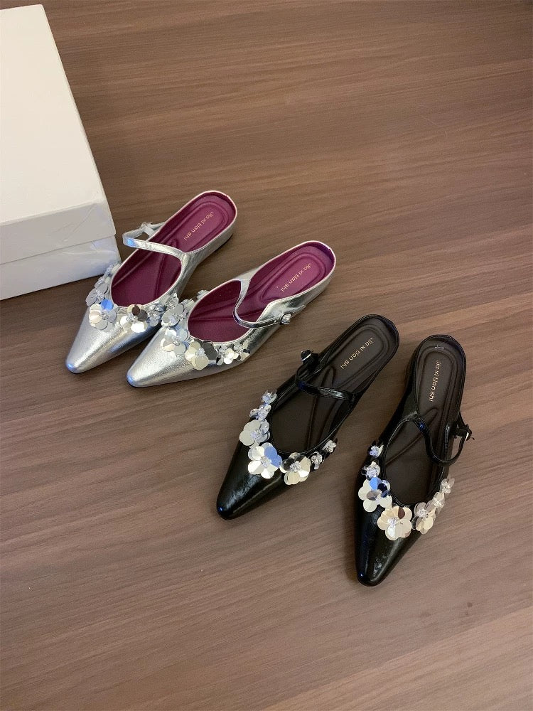 Huanli "Sparkling Sequins" High-Heeled Closed-Toe Half-Slippers Women's Summer Mary Jane Mules Backless Sandals