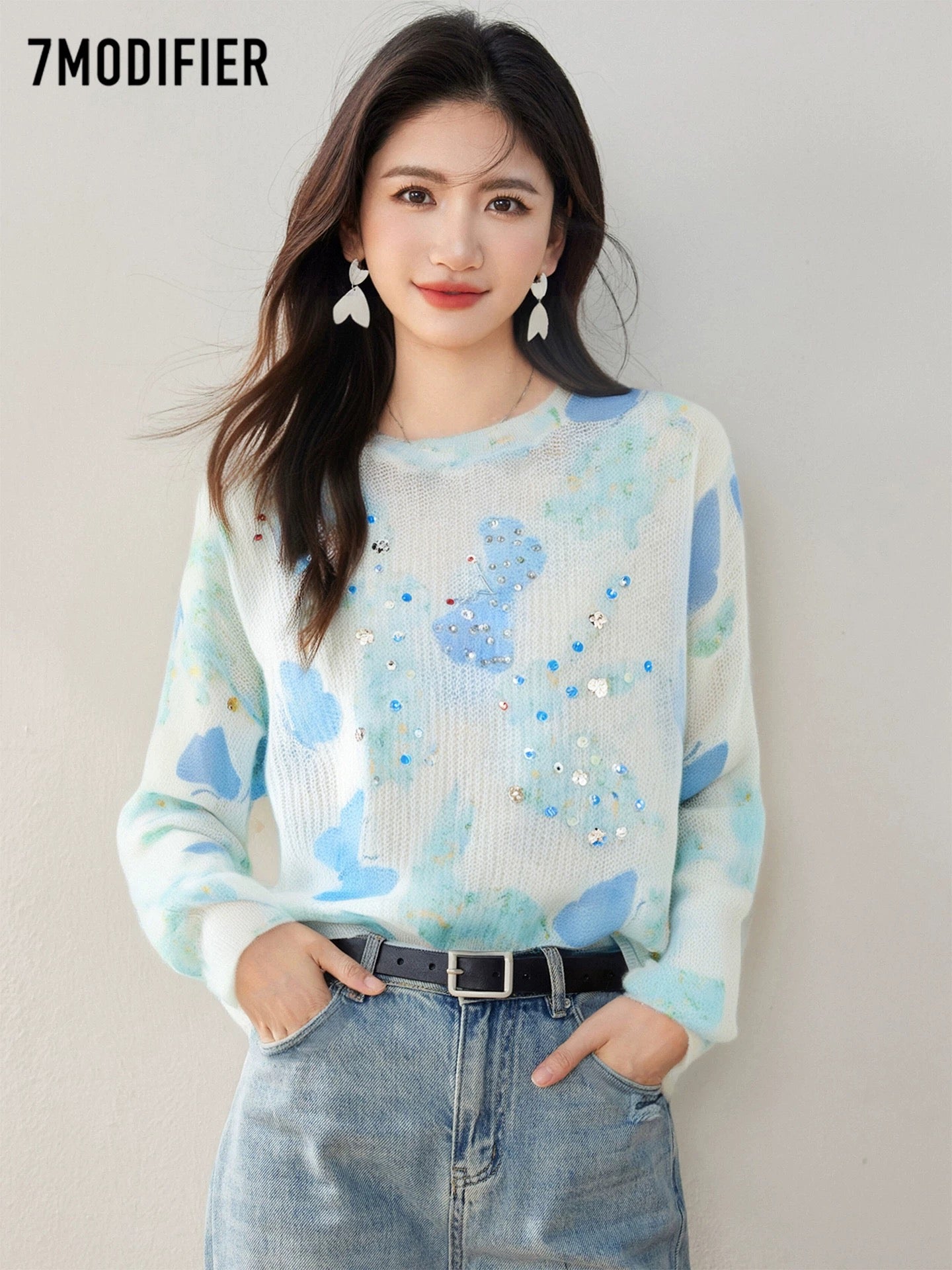 La Chapelle 7M2025 autumn creative gradient beaded round neck pullover slim long sleeve knitted sweater top for women
