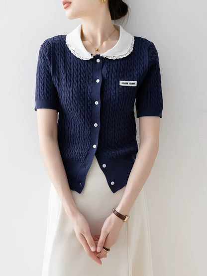 Navy blue retro doll collar sweater for women 2025 new summer design niche short-sleeved T-shirt top