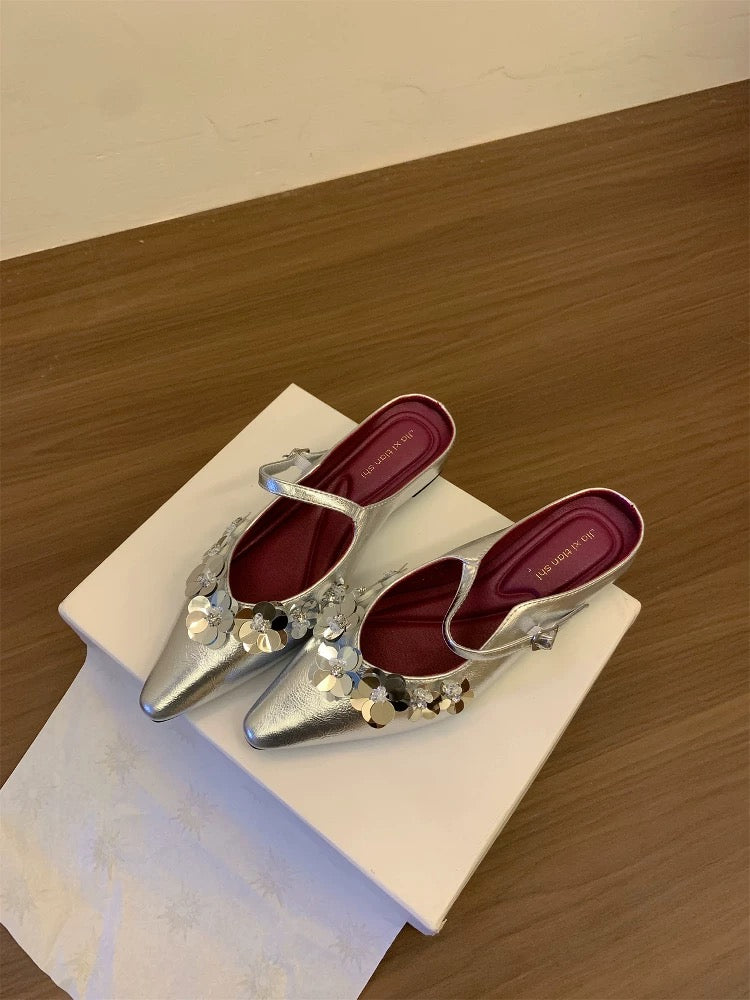 Huanli "Sparkling Sequins" High-Heeled Closed-Toe Half-Slippers Women's Summer Mary Jane Mules Backless Sandals