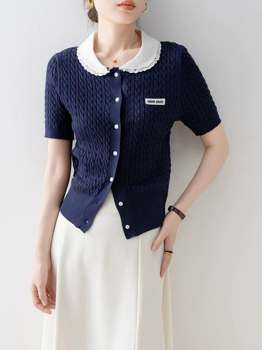Navy blue retro doll collar sweater for women 2025 new summer design niche short-sleeved T-shirt top