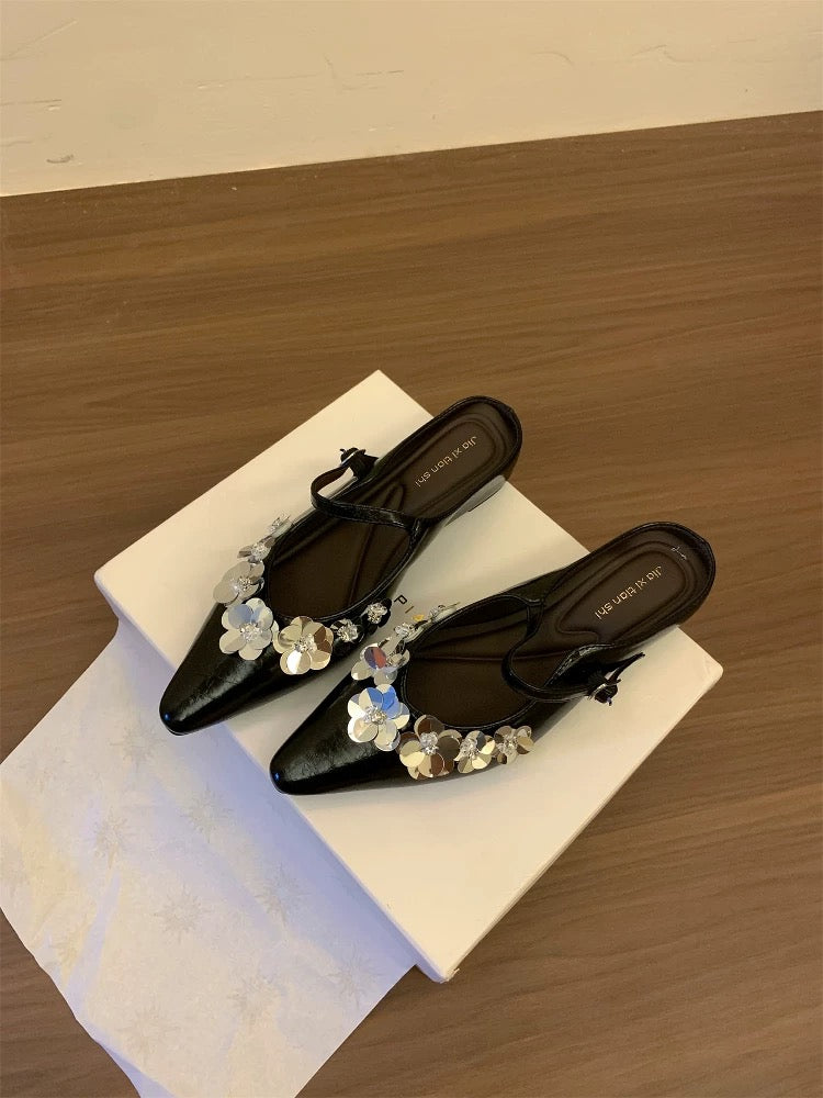 Huanli "Sparkling Sequins" High-Heeled Closed-Toe Half-Slippers Women's Summer Mary Jane Mules Backless Sandals