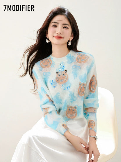 La Chapelle 7M2025 autumn Korean version of the creative animal pattern round neck pullover long-sleeved sweater tops for women