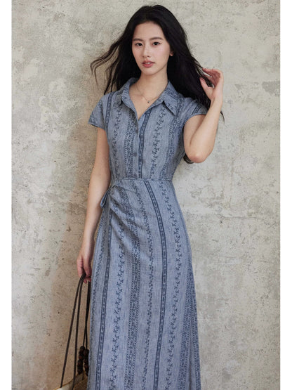 Eryang Design [Banchu] French lapel printed shirt dress for women in summer with high-end temperament and slim waist