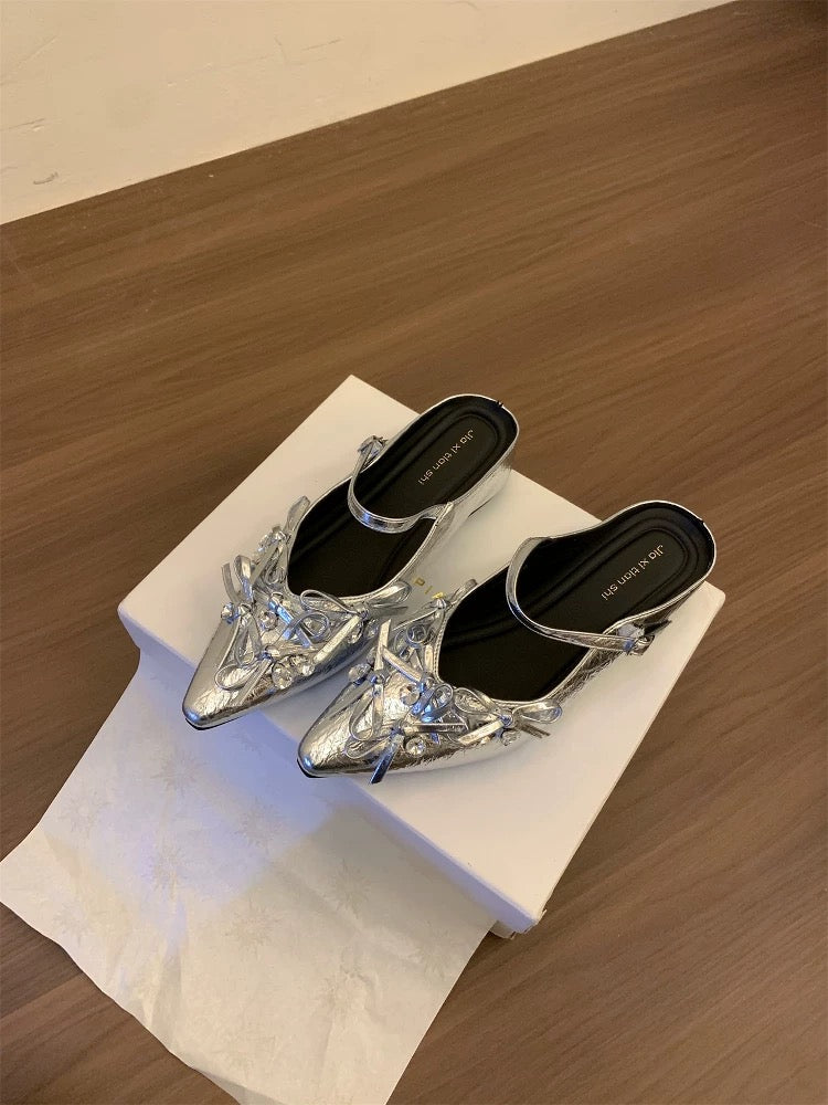 Huanli "Brilliant Flowers" Hidden Heel Strap Closed-Toe Half-Slippers Women's Summer Outer Wear Bow Rhinestone Sandals