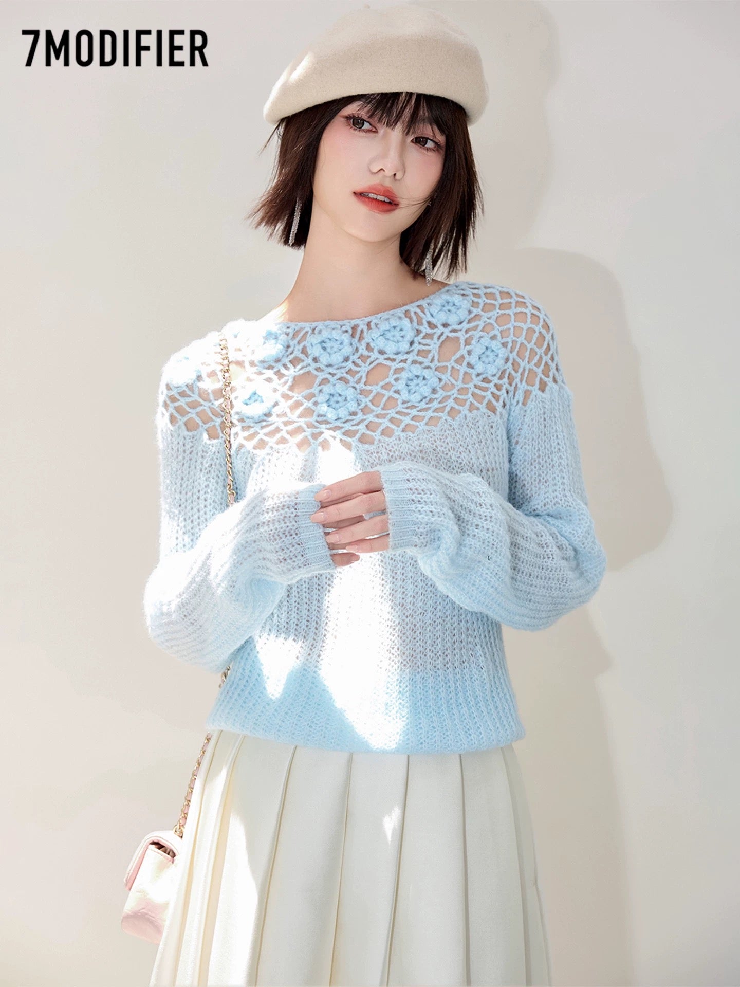 La Chapelle 7M2025 autumn fashion three-dimensional flower hollow pullover slim long-sleeved knitted sweater top for women
